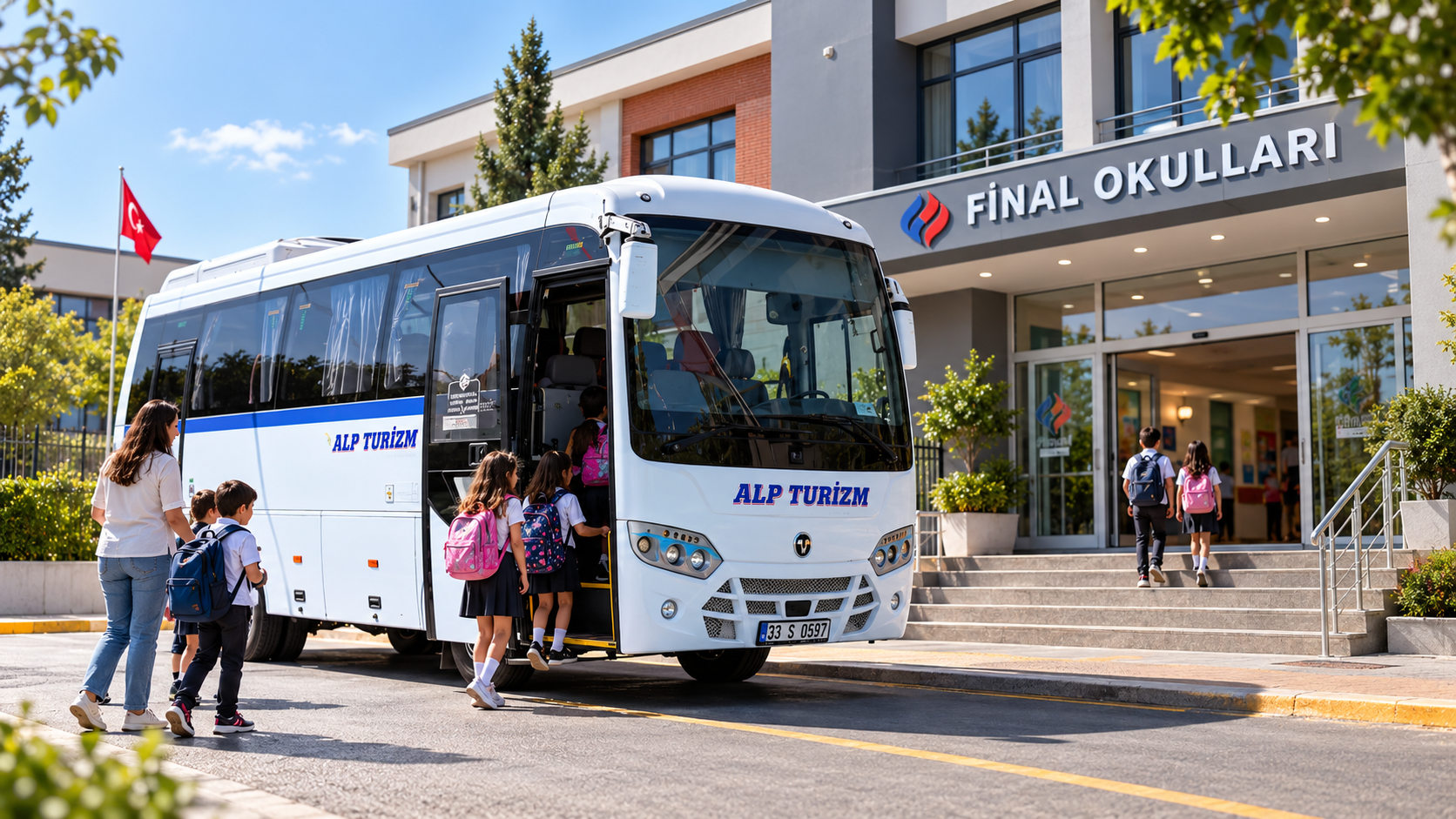 Mersin Alp Turizm hizmetlerini temsil eden Alp Turizm okul servisini okul önünde gösteren düzenlenmiş görsel